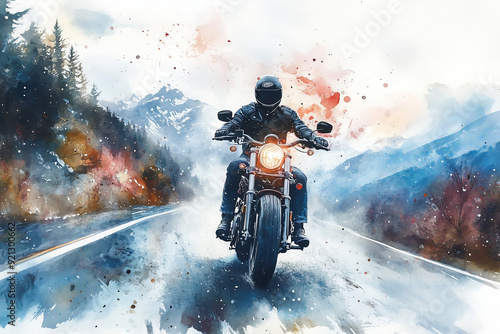 Watercolor painting of a man riding a big bike on a mountain road.