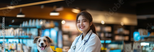 Asian female veterinarian is caring for a dog in an animal hospital. photo