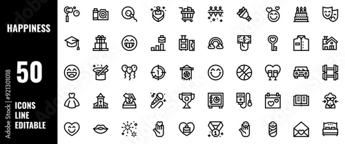 50 Happiness Icons Set Line Editable Vector Illustration