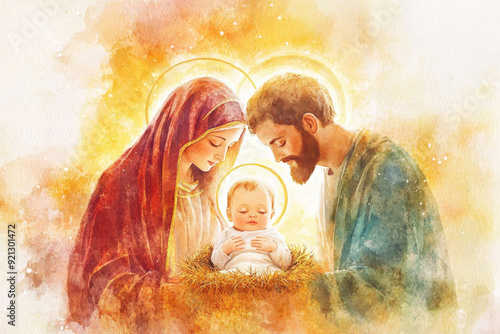 Watercolor painting of the holy family with glowing halo over their heads
