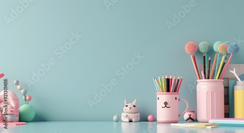 Colorful Stationery Supplies on a Light Blue Desk