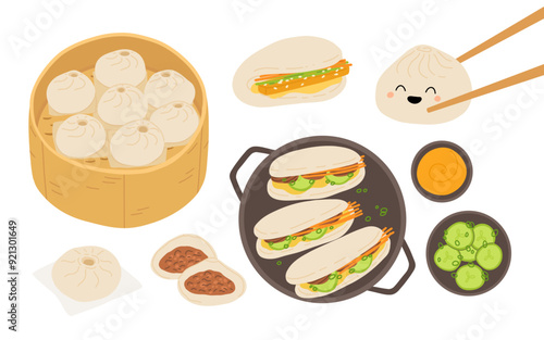 Vector illustration of Taiwanese snack Gua bao. A piece of stewed meat with cucumber and green onion in steamed bao buns. Asian cuisine wallpaper for menu, packaging, cafe, restaurant.