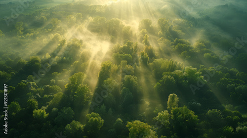 Majestic Woodland at Sunrise. Aerial Photograph with Light Rays coming through Trees. Nature Background