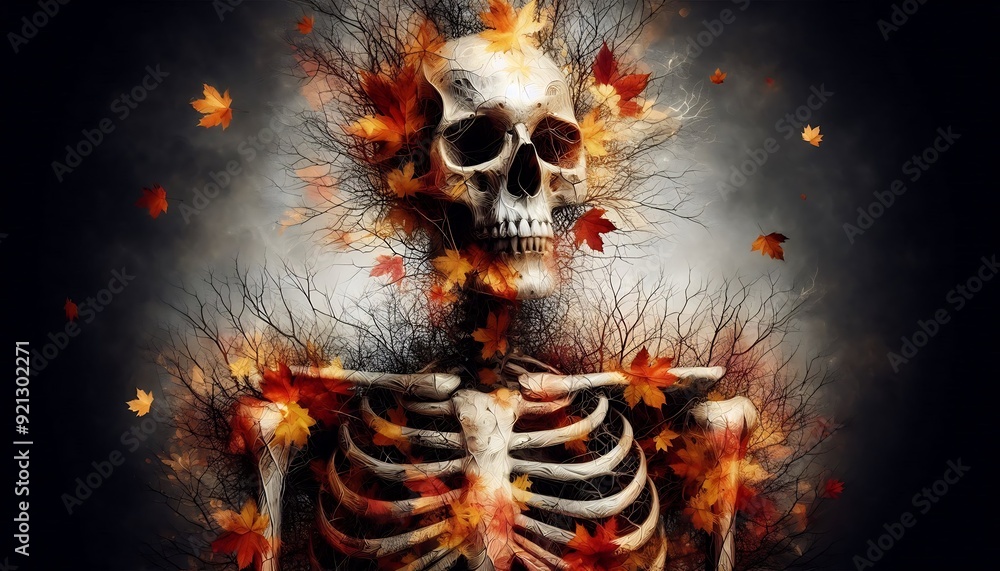 Eerie Skull with Autumn Leaves Eerie Skull with Autumn Leaves