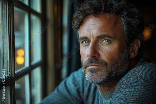 A man with a contemplative expression gazing out a large window, set in a modern indoor environment.