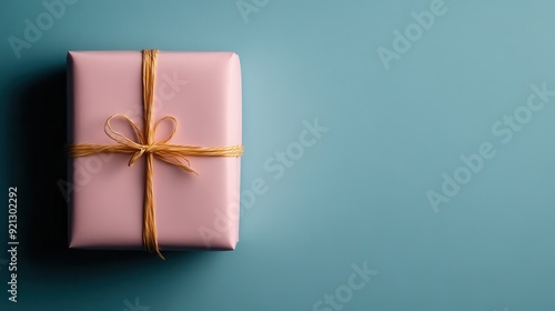 A neatly wrapped pink gift, adorned with a string bow, rests on a blue background, offering a charming and elegant presentation ideal for various celebrations and gifting occasions. photo