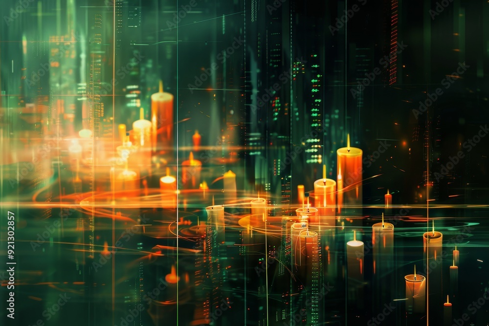 Fototapeta premium Abstract Futuristic Cityscape, Infuse candlestick charts with a sense of movement and energy in a digital masterpiece