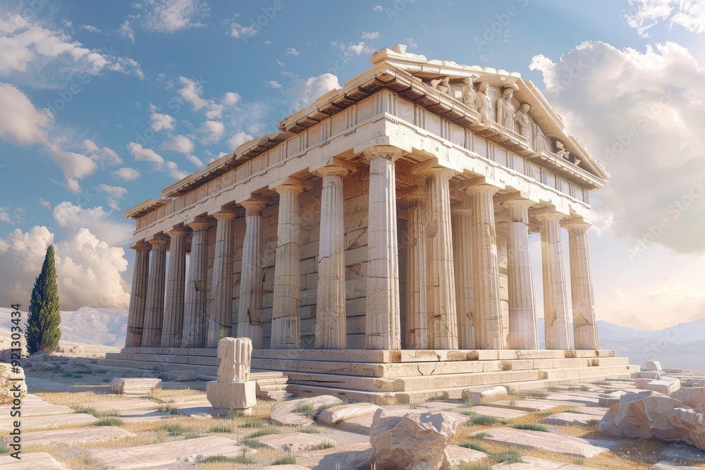 Fototapeta premium An ancient Greek temple stands prominently in the middle of a barren desert landscape under the blazing sun, Infuse motion and dynamism into a static representation of a typical Greek temple