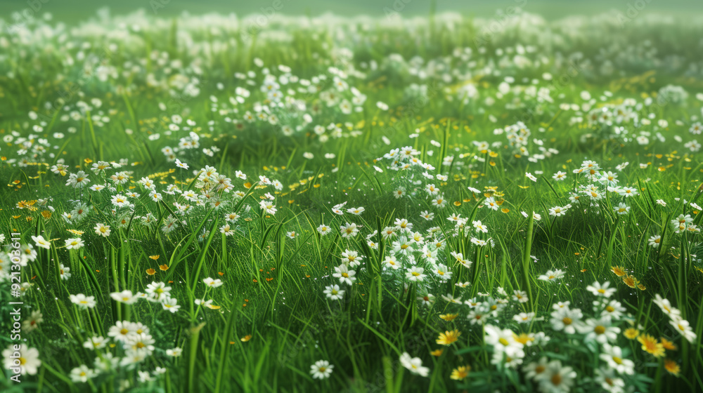 Fototapeta premium Field of green grass and blooming daisies and dandelions, a lawn in spring