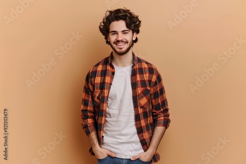 Full body photo of charming cheerful positive young man hold hands pockets isolated on beige color background