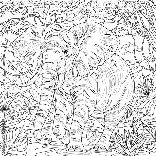 Elephant in the jungle.Coloring book antistress for children and adults. 