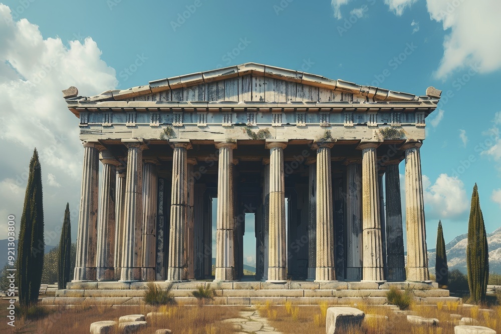 Obraz premium An ancient Greek temple stands prominently in the middle of a vast field under the open sky, Infuse motion and dynamism into a static representation of a typical Greek temple