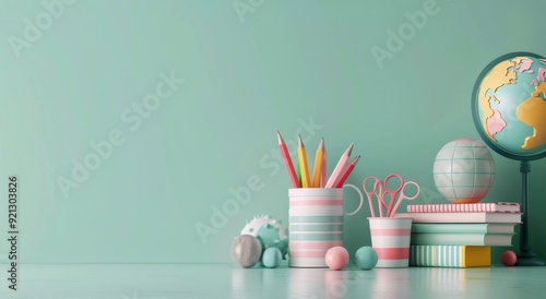 Colorful Classroom Supplies and Globe on a Turquoise Desk