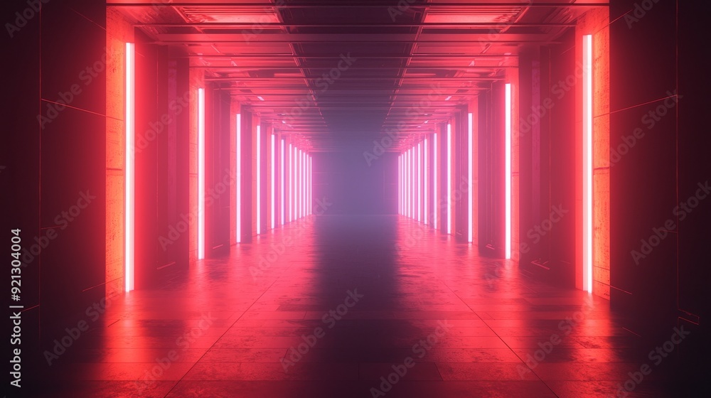 Fototapeta premium Explore a Futuristic Neon Corridor with a captivating Red Lighting Effect that enchants