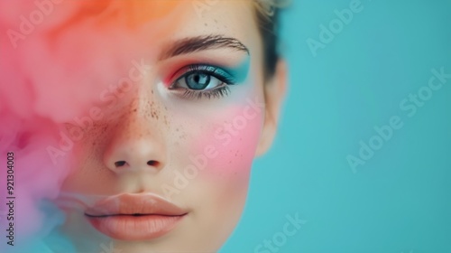 Young Woman With Colorful Makeup and Smoke Effect Against Vibrant Background