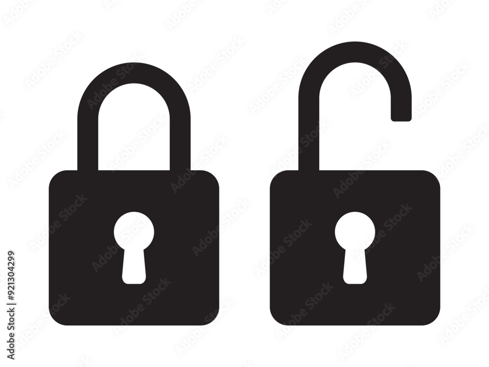 Padlock icon, security icon. Black locked unlocked padlock icon. Padlock icon, security icon. Black locked unlocked padlock icon.