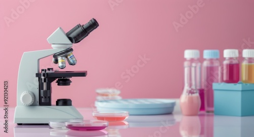 Laboratory Microscope With Colorful Glassware on Pink Background