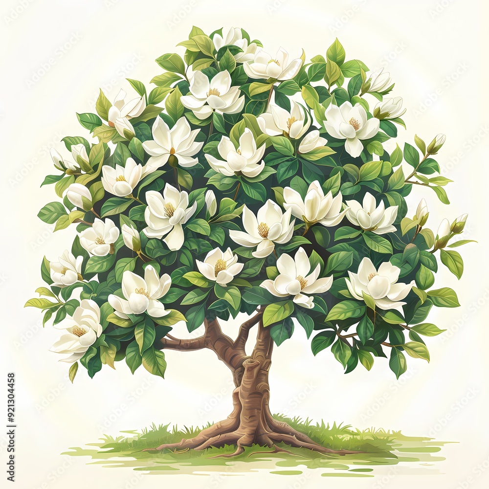 Fototapeta premium A lush magnolia tree with white flowers, green leaves, and brown branches against a white background.