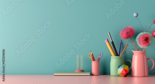Colorful Stationery Supplies on a Light Blue Desk