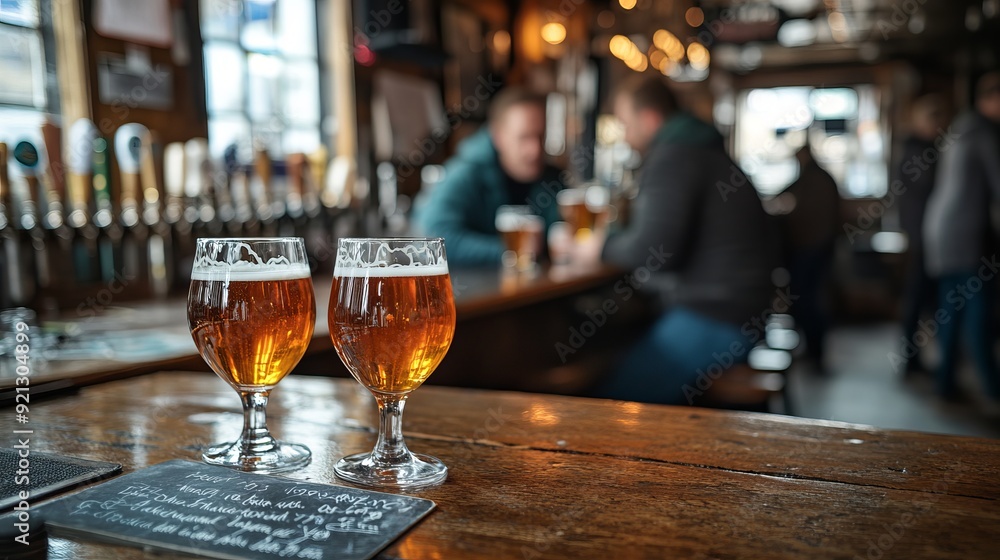 Craft beers served in glasses at a pub during a social gathering Craft beers served in glasses at a pub during a social gathering