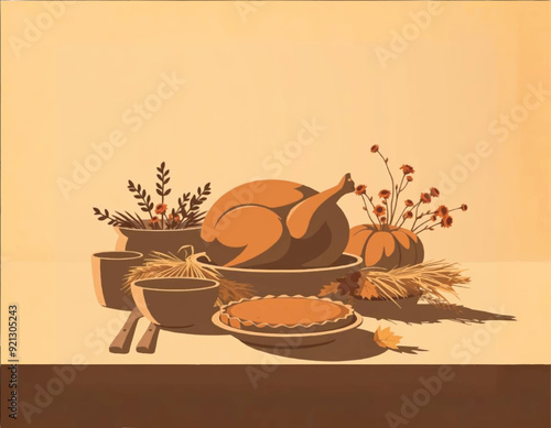 a thanksgiving painting of a pumpkin with pie some other items of fall decorations on the table