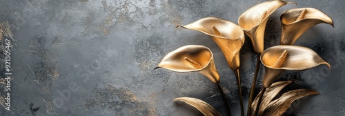 This captivating artwork presents a stunning 3D depiction of golden calla lilies on a textured gray background, embodying elegance, sophistication, and contemporary artistic flair photo