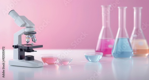 Laboratory Microscope With Colorful Glassware on Pink Background