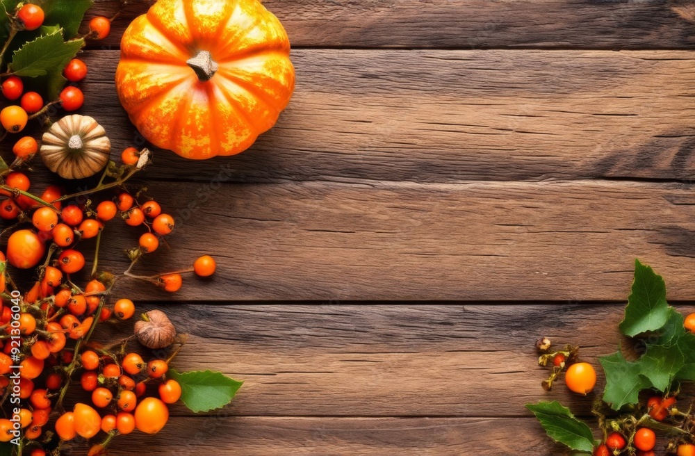 Frame of autumn leaves, decorative pumpkins, nuts, sea buckthorn, rose hips and ears of wheat on a wooden background. Top view. Place for text Frame of autumn leaves, decorative pumpkins, nuts, sea buckthorn, rose hips and ears of wheat on a wooden background. Top view. Place for text