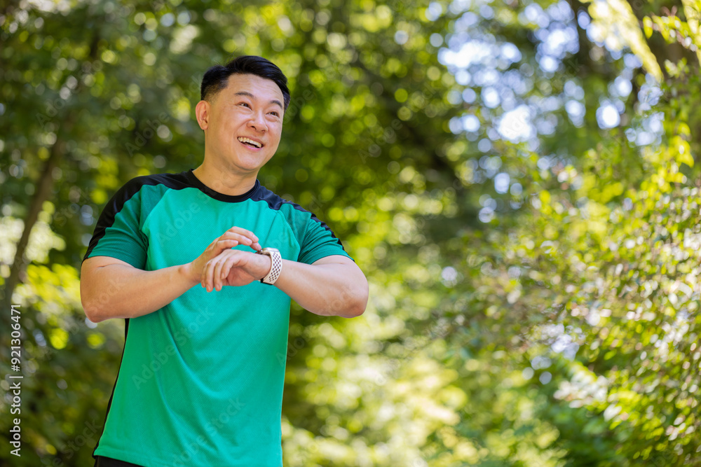 Asian runner jogging in urban city park and looking at smartwatch. Man using smart bracelet. Portrait of fitness Japanese man checking result. Handsome male in sportswear enjoys running outdoors. Asian runner jogging in urban city park and looking at smartwatch. Man using smart bracelet. Portrait of fitness Japanese man checking result. Handsome male in sportswear enjoys running outdoors.