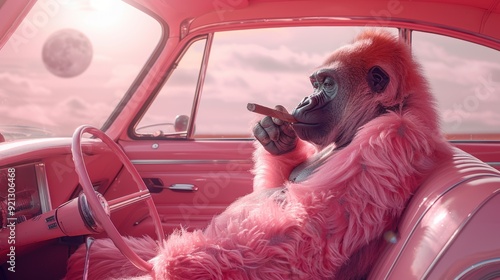 A whimsical and vibrant scene featuring a pink-furred gorilla in a vintage car, exuding a fun, surreal vibe perfect for playful marketing campaigns or creative projects. photo