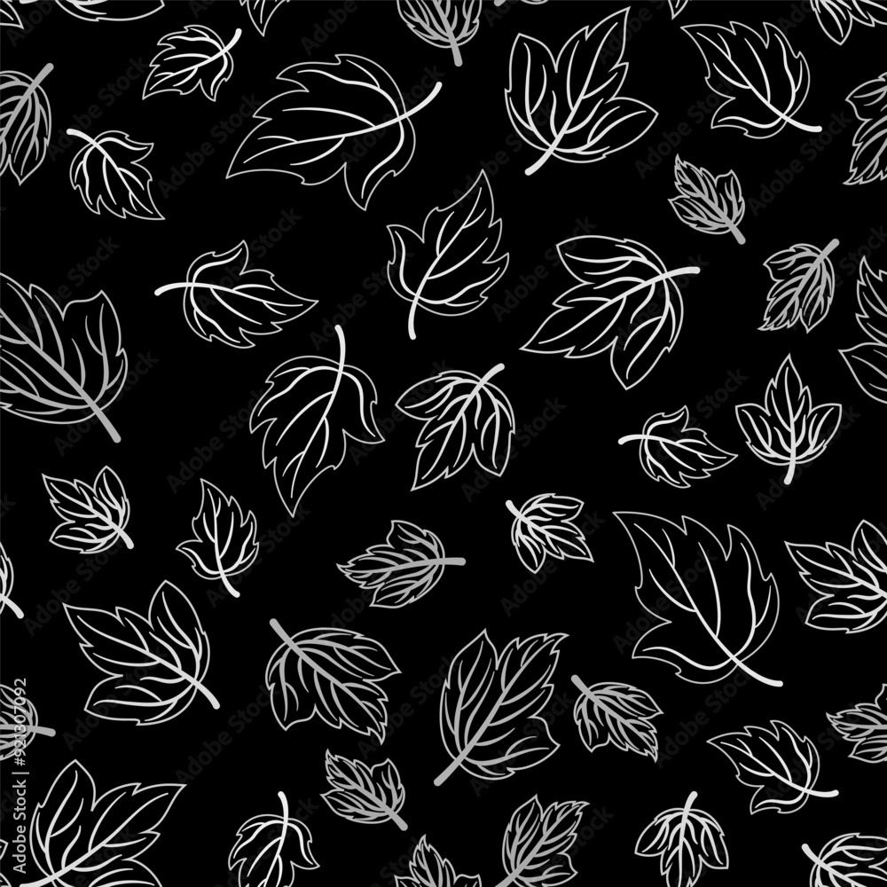 White leaves on black background. Monochrome vector seamless pattern ...