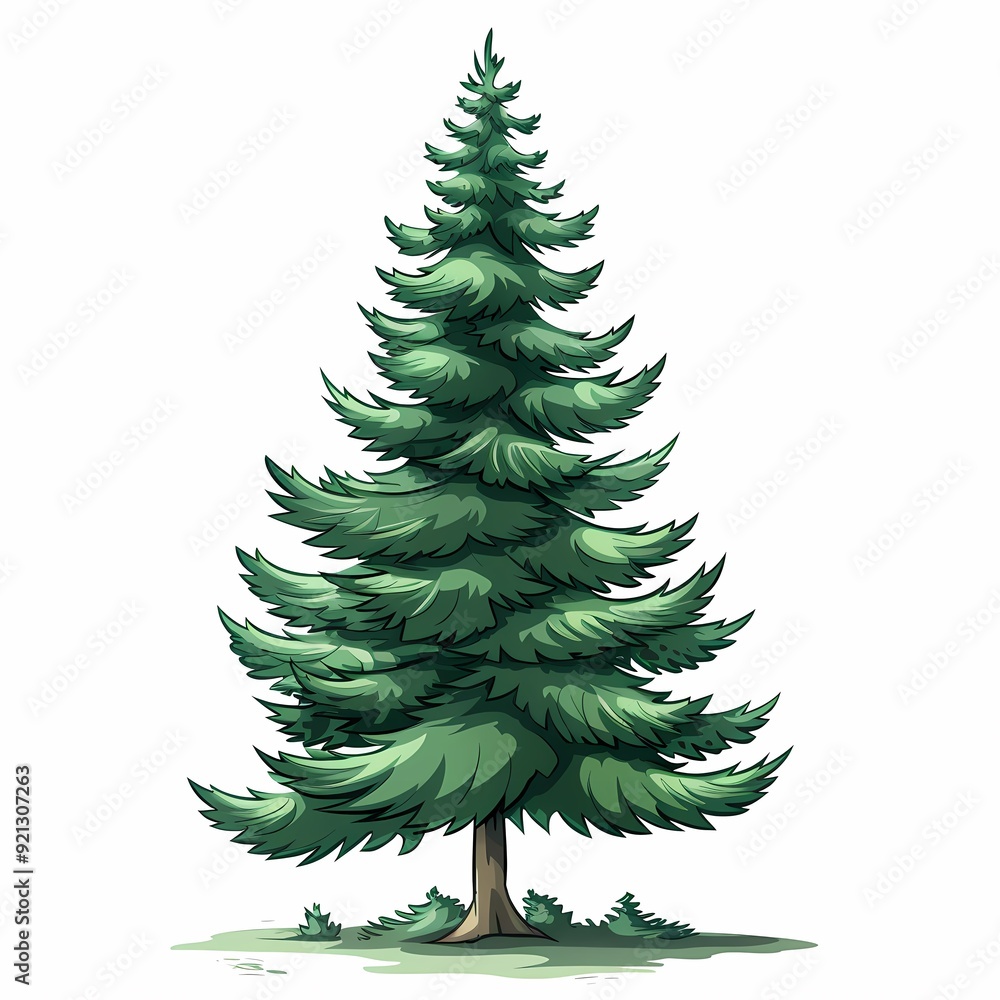 A tall evergreen tree with lush green foliage and a thick trunk. A tall evergreen tree with lush green foliage and a thick trunk.