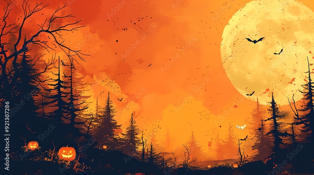 a painting of a full moon with bats flying over a forest with pumpkins in the foreground a painting of a full moon with bats flying over a forest with pumpkins in the foreground