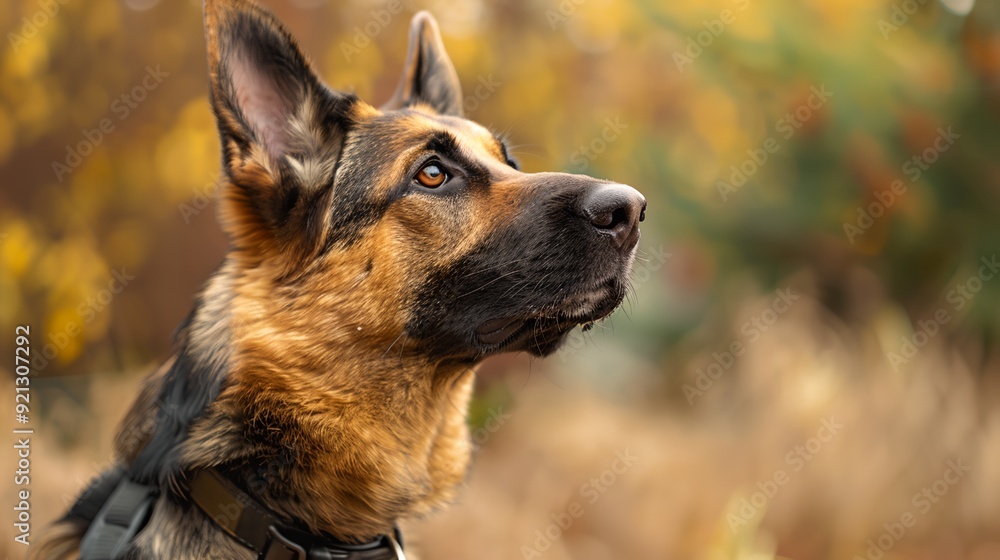 Fototapeta premium a dog with a collar looking up at something in the distance with a blurry background of trees and grass..