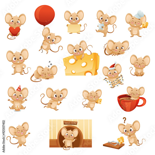 Cute Little Mouse Character Doing Various Activity Vector Set