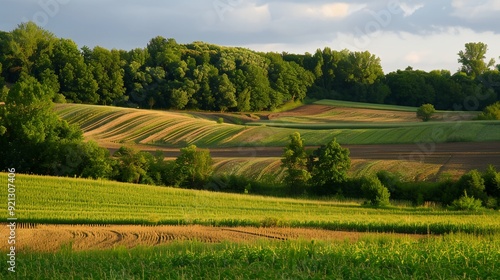 a field with a dirt road in the middle of it