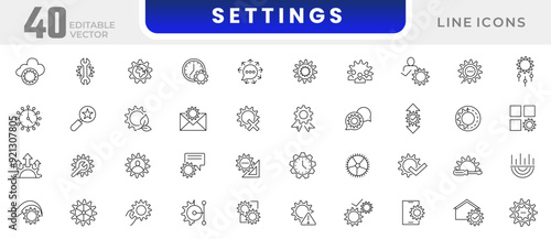 Setting and gear icon collection. Cogwheel, settings button, wrench tool, fix, Innovation and setup line icon set. UI outline icons pack