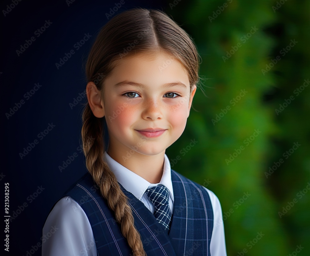 A young girl with braided hair dressed in a navy blue school uniform smiles warmly against a lush green backdrop A young girl with braided hair dressed in a navy blue school uniform smiles warmly against a lush green backdrop