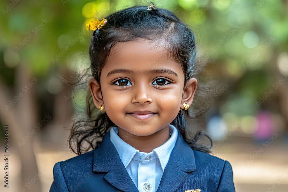 A joyful little girl dressed in formal attire smiling in a sunlit garden A joyful little girl dressed in formal attire smiling in a sunlit garden