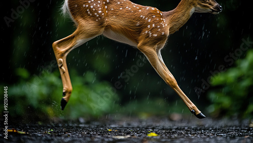 Cinematic Close-Up of a Doe's Legs Running in a Dark Rainy Forest photo