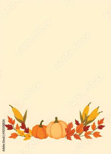 a thanksgiving vector drawing of pumpkins and corns with some colorful autumn leaves on the bottom
