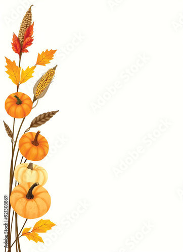 a set of thanksgiving pumpkins with colorful fall leaves and flowers on the side on white background