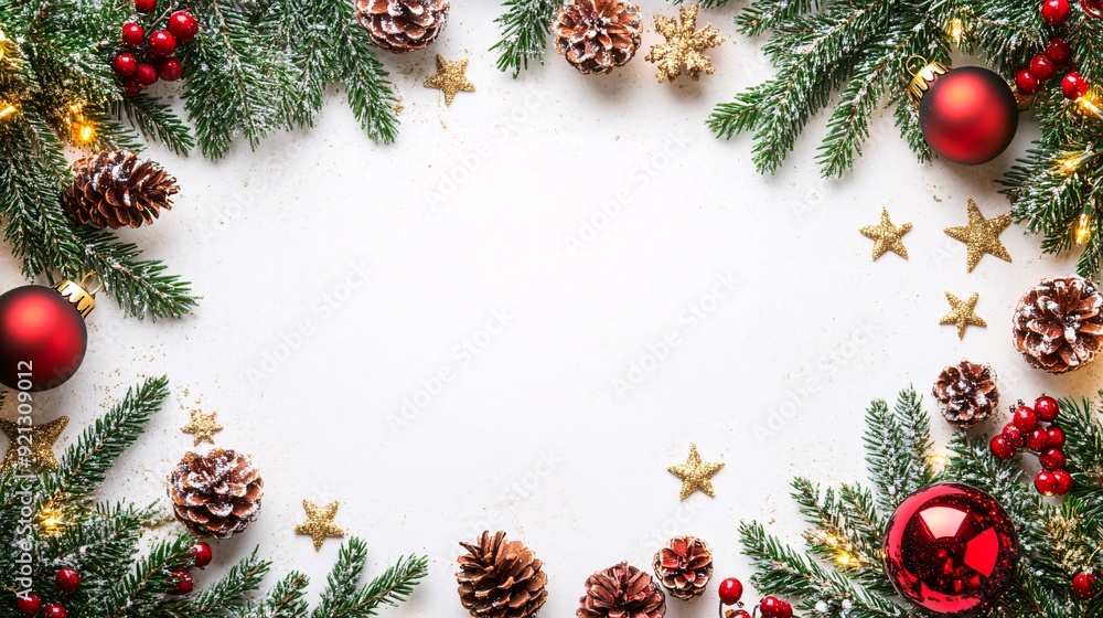 Christmas decoration frame on a white, space, decorated, tree branches and gifts, stars, red ball ornaments, pine cones and berries, lay, resolution, insanely, stock Christmas decoration frame on a white, space, decorated, tree branches and gifts, stars, red ball ornaments, pine cones and berries, lay, resolution, insanely, stock