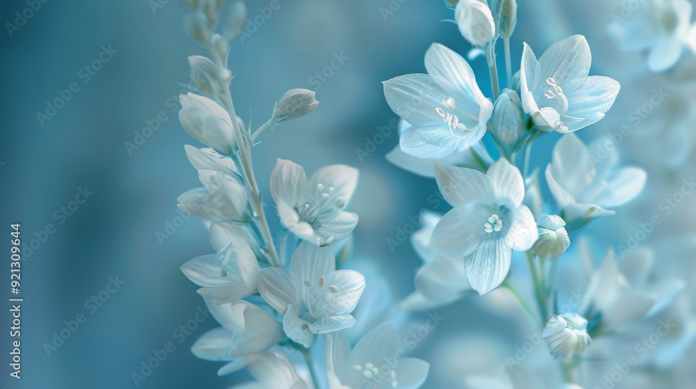 Ethereal macro shot of an Empusa pennata and flowers in gentle blue hues Ethereal macro shot of an Empusa pennata and flowers in gentle blue hues