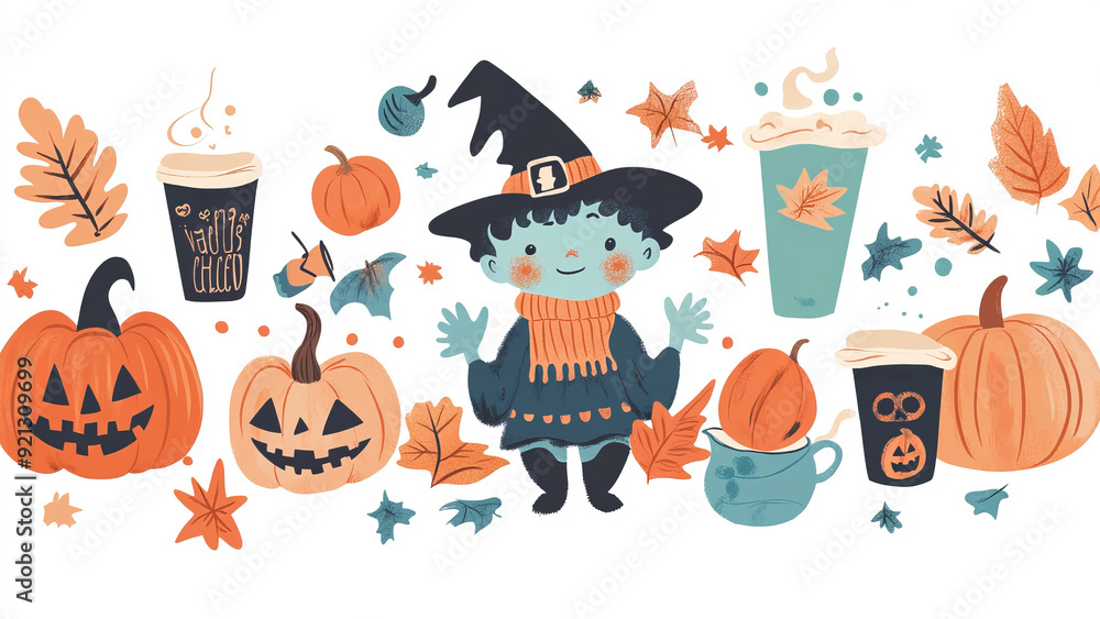 Cute Halloween-Themed Illustration Featuring a Ghost and Pumpkins