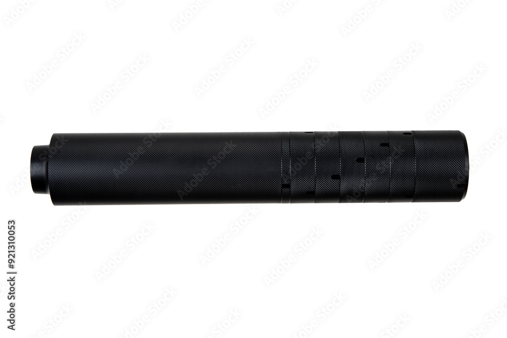 Black silencer for weapons. Suppressor that is at the end of an assault rifle. Isolate on a white back. Black silencer for weapons. Suppressor that is at the end of an assault rifle. Isolate on a white back.