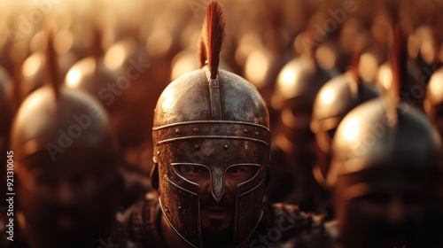 A group of Roman soldiers wearing helmets and red crests, standing in a disciplined formation, reflective of ancient military strength and unity.