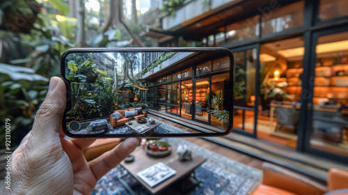 A person is holding a phone and taking a picture of a house. The house has a lot of greenery and a large patio photo