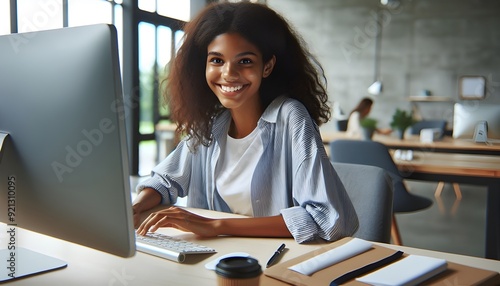 Enthusiastic Young Black Woman Working on Computer in a Modern Bright Office. Free Download Enthusiastic Young Black Woman Working on Computer in a Modern Bright Office. - GFXLoad