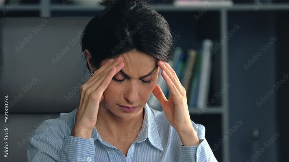 Office worker suffering from headache stress Office worker suffering from headache stress